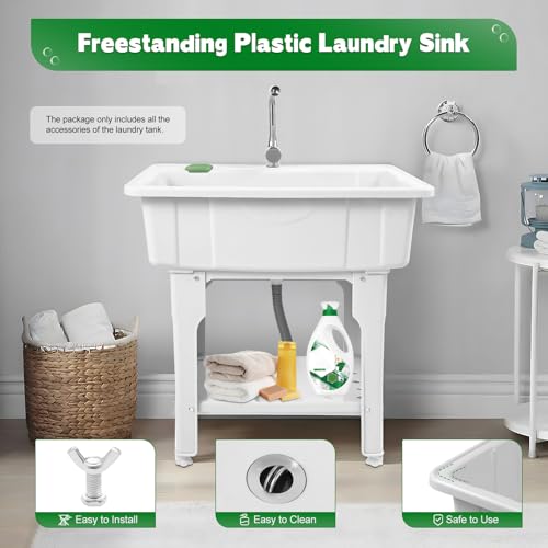 Freestanding Utility Sink Plastic Laundry Tub Sink with Storage Shelf Indoor Outdoor Slop Sink Wash Station for Bathroom Laundry Washing Room