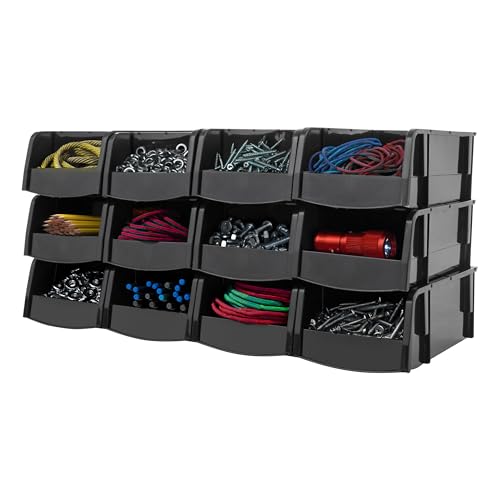 12-Pack, Small Stackable Storage Bins, Black (12 Count)