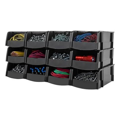 12-Pack, Small Stackable Storage Bins, Black (12 Count)