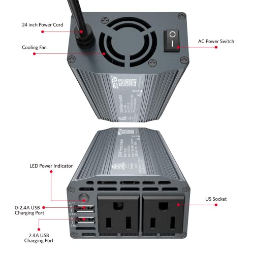 300W Power Inverter DC 12V to 110V AC Car Inverter with 4.2A Dual USB Car Adapter