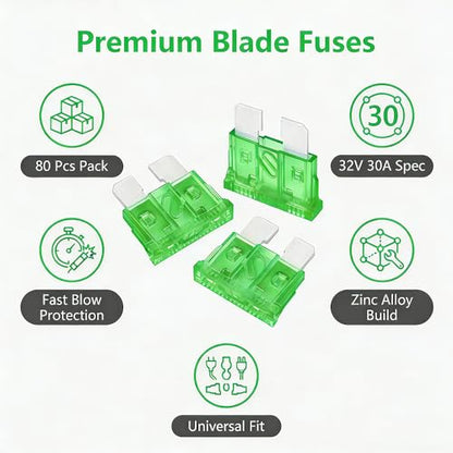 80Pcs) 30 Amp Standard Fuse, 30A Car Blade Fuses for Car/RV/Truck/SUV/Motorcycle/Boat (80 Count)