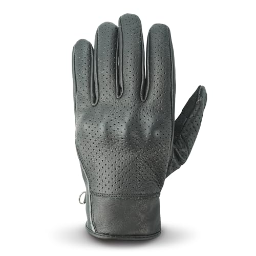 Leather Motorcycle Gloves for Men with reinforcements on Knuckles and Fingers 100% Perforated Calf Leather Riding Gloves with Magic Tape Wrist Closure