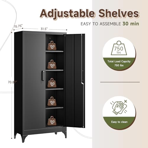 71" H Metal Storage Cabinet with 2 Doors and 4 Shelves