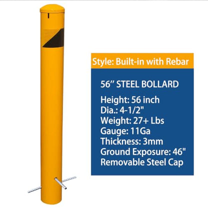 56" High 4-1/2" OD Steel Bollard Post Underground Mount, Cap Removable Safety Bollard Yellow Powder Coat, Metal Bollard Parking, Safety Barrier