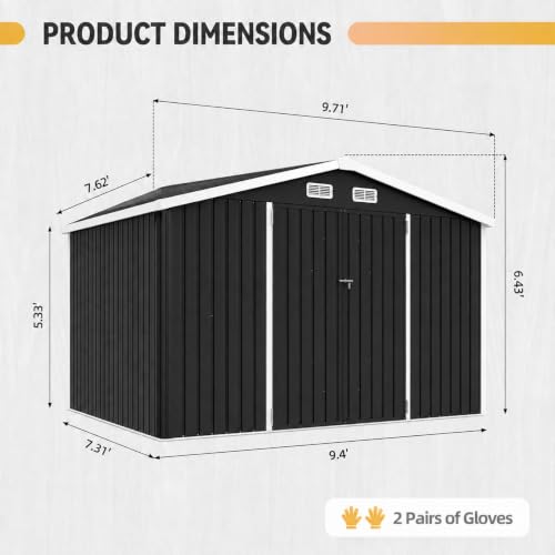 10x8FT Shed with Floor Galvanized Steel Outdoor Storage Shed Black