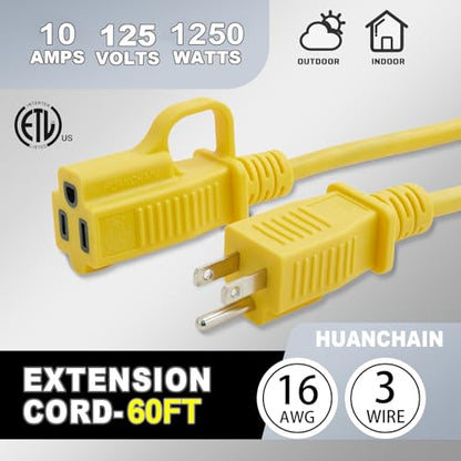 Indoor Outdoor Yellow Extension Cord 60 FT Waterproof 16