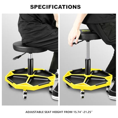 Adjustable Height Pneumatic Garage Seat Rolling Mechanic Stool with Tool Tray Storage