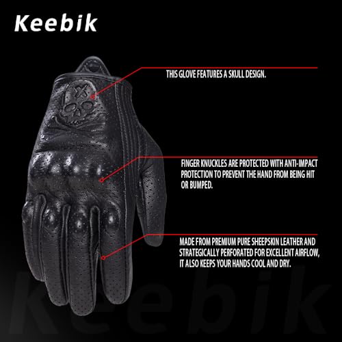 Goatskin Leather Motorcycle Motorbike Powersports Racing Gloves Reflective Skull Touchscreen for Men and Women Model