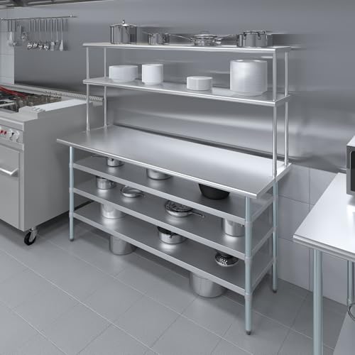 24" x 72" Stainless Steel Work Table with 3 Shelves and 12" Wide Double Tier Overshelf