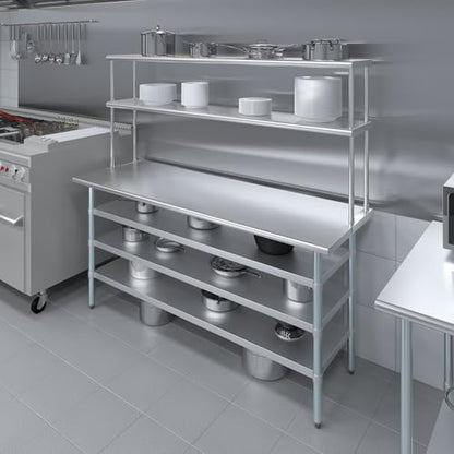 24" x 72" Stainless Steel Work Table with 3 Shelves and 12" Wide Double Tier Overshelf