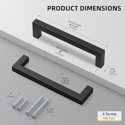 100 Pack 4 Inch Black Kitchen Cabinet Handles Square Drawer Pull