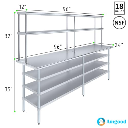 24" x 96" Stainless Steel Work Table with 3 Shelves and 12" Wide Double Tier Overshelf