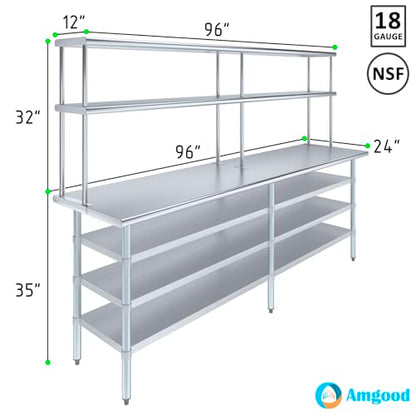 24" x 96" Stainless Steel Work Table with 3 Shelves and 12" Wide Double Tier Overshelf
