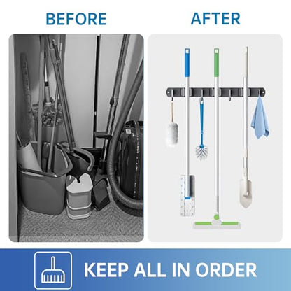 Wall Mount Broom Holder 3 Racks 4 Hooks Metal Tool Organizer Black