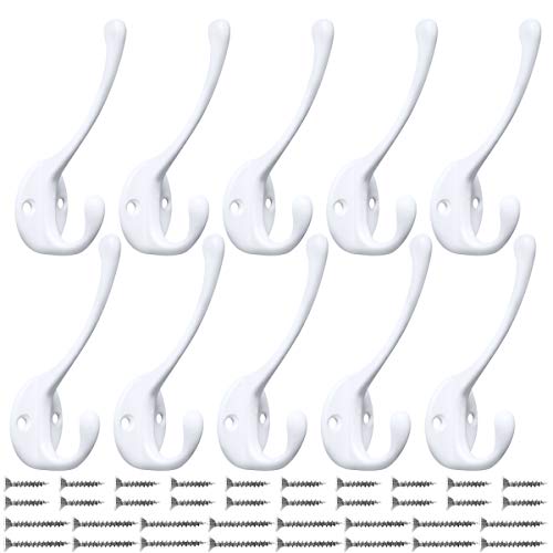 10 Pack Heavy Duty Dual Coat Hooks Wall Mounted with 20 Screws Retro Double Hooks Utility Black Hooks for Coat (10 Count)
