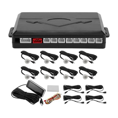 Auto Vehicle Reverse Backup Radar System Reverse Parking Sensors Sound Warning Alarm Buzzer Reminder Distance Detection Silver Tone 8 Parking Sensors