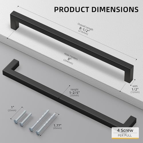 200 Pack 8 Inch Black Cabinet Handles Kitchen Drawer Pulls