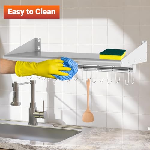 12" x 48" Stainless Steel Shelf Wall Mounted with 8 Hooks