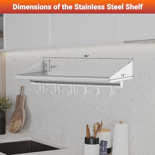 12"x36" Stainless Steel Wall Mount Floating Shelving with 6 Hooks