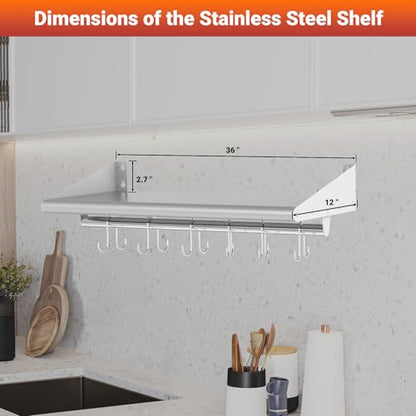 12"x36" Stainless Steel Wall Mount Floating Shelving with 6 Hooks