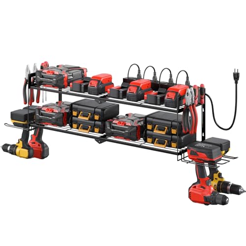 Large Garage Tools Storage with Charging Station. Power Tool Battery Organizer Utility Shelf with Power Strip. 4 Drills Holder Wall Mount Rack. (7.6 Count)