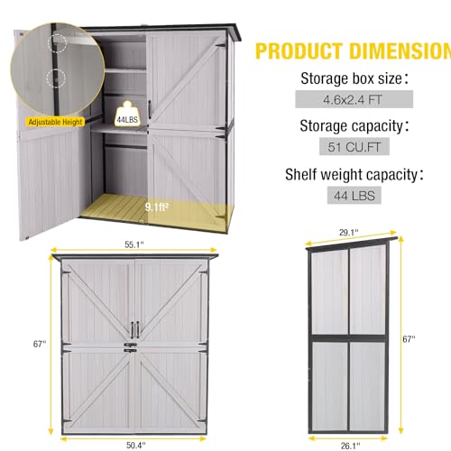 Outdoor Storage Shed Upgraded with Strong Metal Frame Garden Tool Shed Storage House Cabinet with Adjustable Shelfs and Wooden Floor 4.6 x 2.42FT