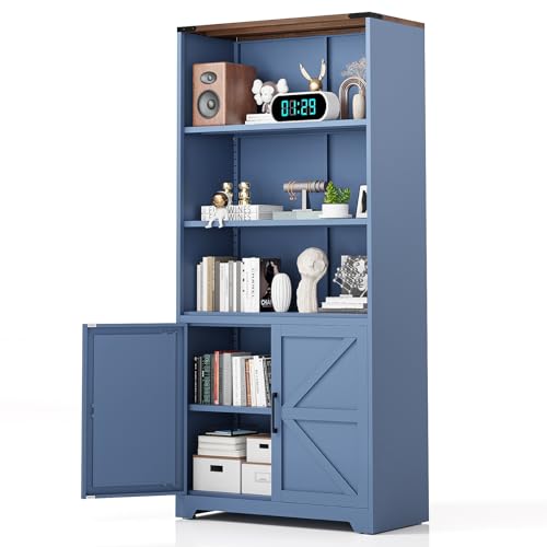 Blue Bookcase with Doors and Adjustable Shelves