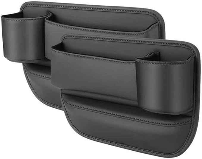 2 Pcs Car Seat Gap Filler Organizer for Tesla Model 3 Model X Model Y Model S, PU Leather Front Seat Storage Box Console Side Pockets with Cup Holder Charging Cable Hole,C/Black