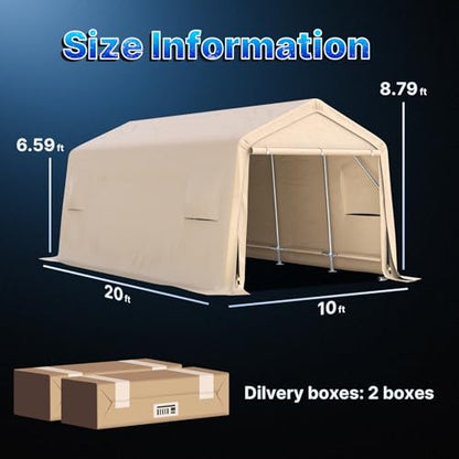Heavy Duty 10X20 ft Carport Outdoor Patio Portable Canopy Storage Shelter Shed with 2 Rolled up Zipper Doors & Vents for Snowmobile Garden Tools