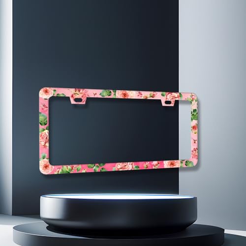 Stainless Steel Rose Pink Floral Flower License Plate Frame 12.3 x 6.3 Incj