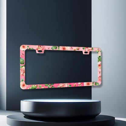Stainless Steel Rose Pink Floral Flower License Plate Frame 12.3 x 6.3 Incj