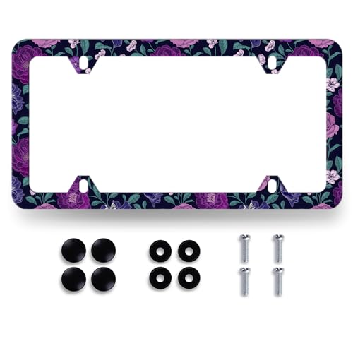 Stainless Steel Purple Floral Flowers License Plate Frame 12.3 x 6.3 Inch
