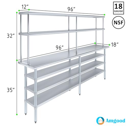 18" x 96" Stainless Steel Work Table with 3 Shelves and 12" Wide Double Tier Overshelf