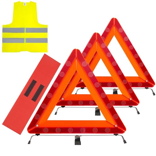 3Pack Car Warning Triangle Heavy Reflective Warning Road Safety Triangle Kit Suitable for car Breakdown and Temporary Parking on the Road