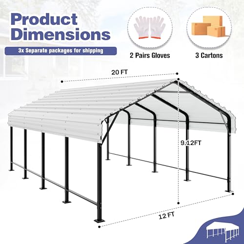 JY QAQA 12 x 20 FT Heavy Duty Metal Carport Canopy with Galvanized Steel Roof