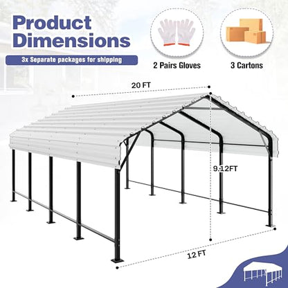 JY QAQA 12 x 20 FT Heavy Duty Metal Carport Canopy with Galvanized Steel Roof