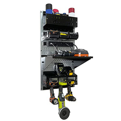 Power Tool Storage Organizer Kit Cordless Drill Holder Charging Station Rack 16” x 32” Metal Pegboard Organization System