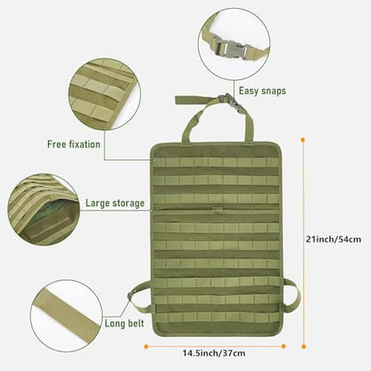 tactical car seat back organizer and storage truck seat covers with a Molle Vehicle Panel and 5 Different Size Molle Pouches for most models such as Jeep