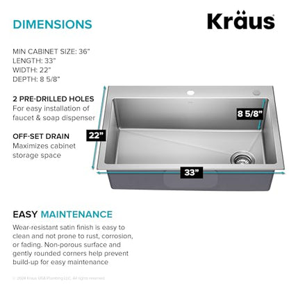 Stainless Steel 33 in 18 Gauge Drop In Kitchen Sink KHT640