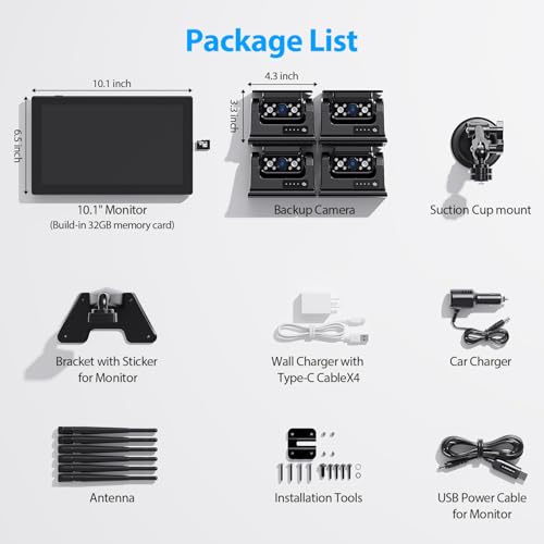 4 Magnetic Solar Wireless Backup Camera HD1080P DVR 10.1" Touchscreen Monitor (4 Count)