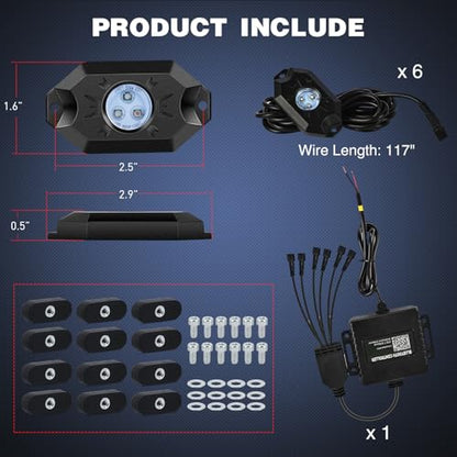 RGB LED Rock Lights Kit 6PCS Bluetooth App Control Multicolor (6 Count)