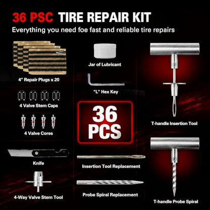 36 pcs Universal Tire Repair Kit with Plugs Heavy Duty Professional