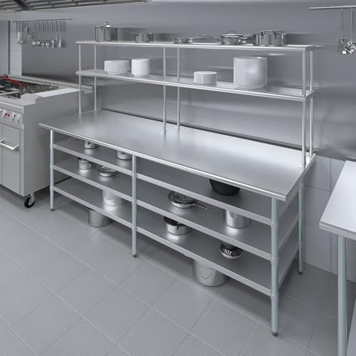 30" x 96" Stainless Steel Work Table with 3 Shelves and 12" Wide Double Tier Overshelf