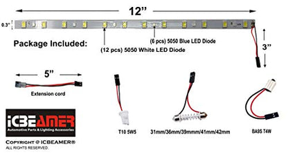 12" Color Changing from Blue to White 18 SMDs 5050 LED Light Strip for Fit Car Trunk Cargo Area Interior Ambient Illumination Decoration