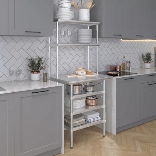 24" x 30" Stainless Steel Work Table with 3 Shelves and 12" Wide Double Tier Overshelf