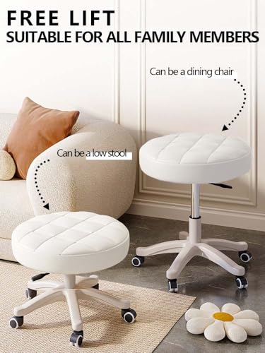 Small Chair Round Rolling Stool with Wheels PU Leather Height Adjustable Swivel Drafting Work SPA Salon Stools Home Office Chair (4 Count)