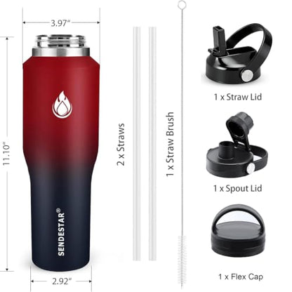 40oz Water Bottle Wide Mouth Stainless Steel Vacuum Insulated Double Wall with 2 Straw Lids Fit in Any Car Cup Holder