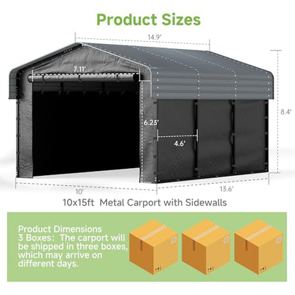 10x15 FT Heavy Duty Metal Carport with Removable Sidewalls