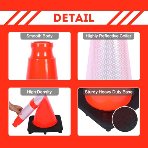 Traffic Cones 28 inch 6 Pack Heavy Duty Safety Cones Orange with Reflective Collars Fit Parking Lot