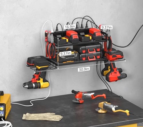 Garage Tools Storage with Charging Station. Power Tool Battery Organizer Utility Shelf with Power Strip. 4 Drills Holder Wall Mount Rack (5.4 Count)